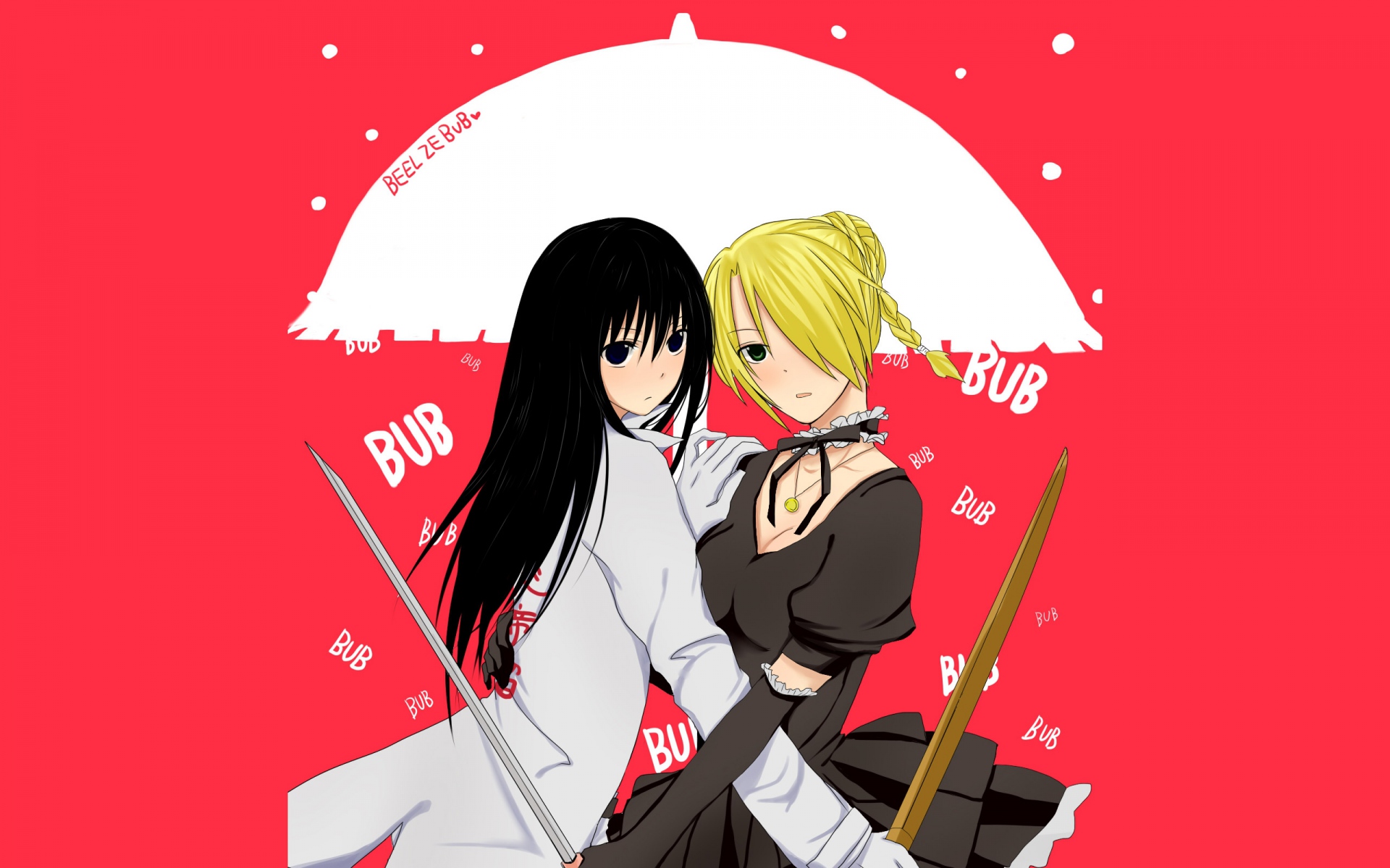 Картинки Beelzebub, девушка, зонтик, обнять, фон фото и обои на рабочий стол