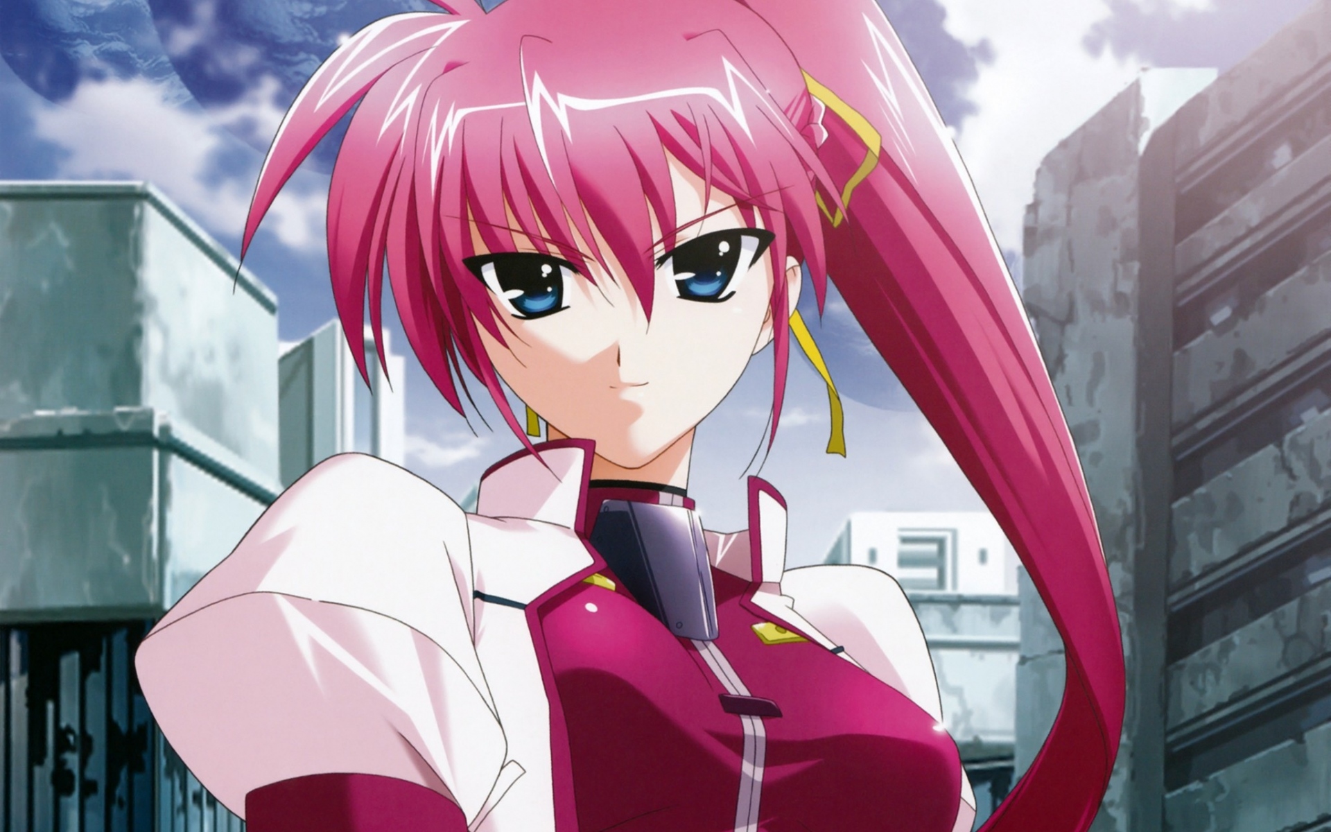 Картинки Mahou shoujo лирический nanoha, девушка, глаза, волосы, розовый, город фото и обои на рабочий стол