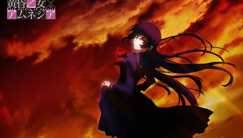 Tasogare otome x amnesia, девушка, брюнетка, платье, сумерки