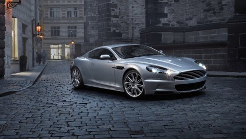 Aston martin, dbs, 2008, серебристый металлик, вид сбоку, авто, дом, улица