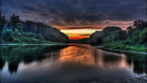 Облака, озера, побережье, деревья, туман, цвета