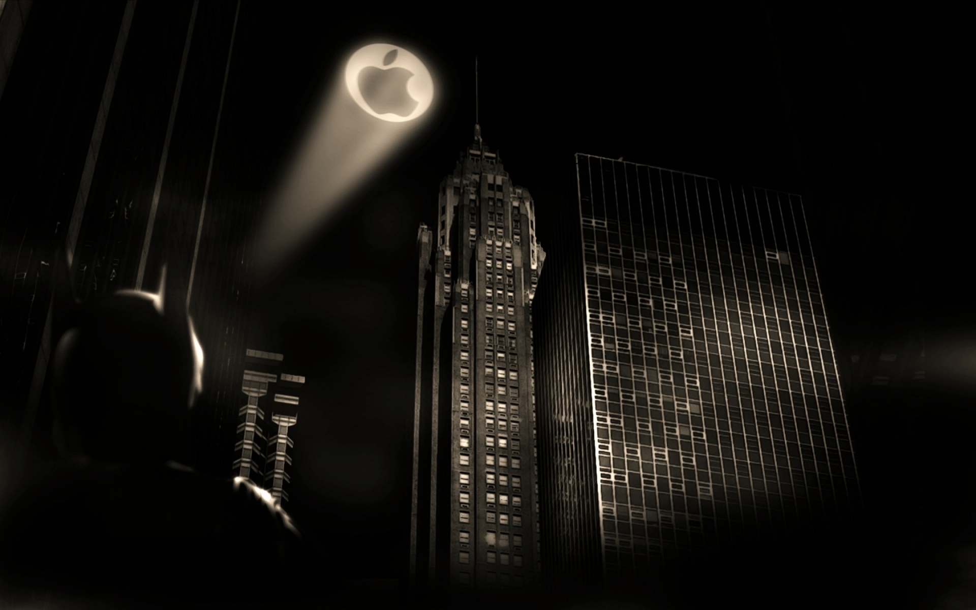 Картинки Яблоко, бэтмен, прожектор, город, черный фото и обои на рабочий стол