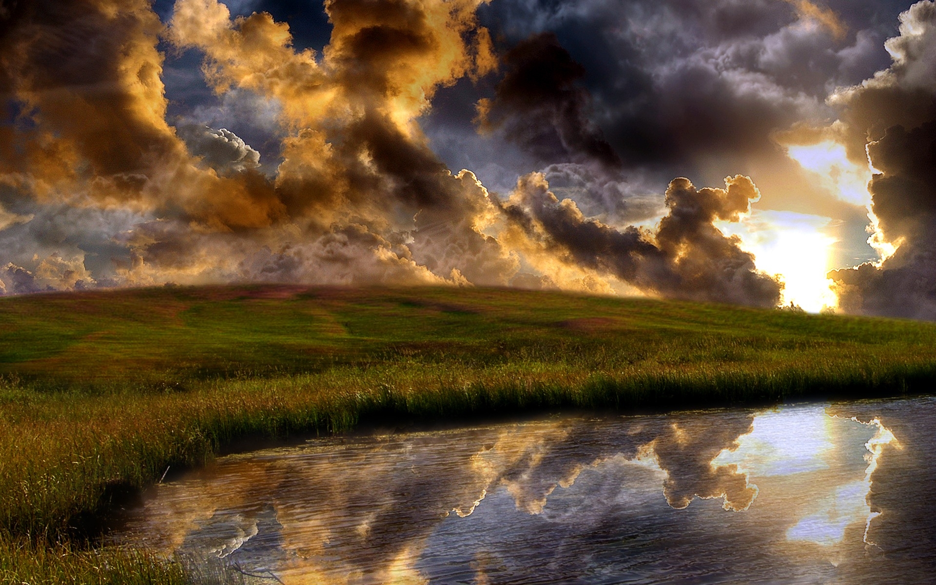 Картинки Облака, трава, отражение, вечер фото и обои на рабочий стол