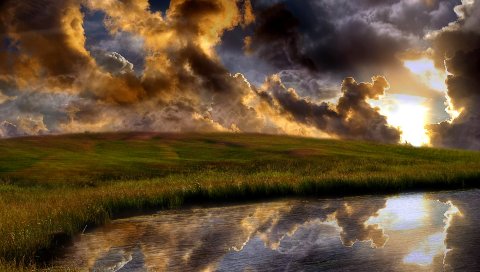Облака, трава, отражение, вечер