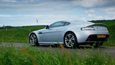 Aston martin, v12, zagato, 2009, вид сбоку, серебристый металлик, спорт, трава, автомобили