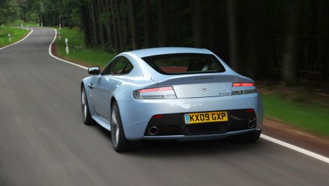 Aston martin, v12, zagato, 2009, вид сзади, синий металлик, скорость, авто, лес