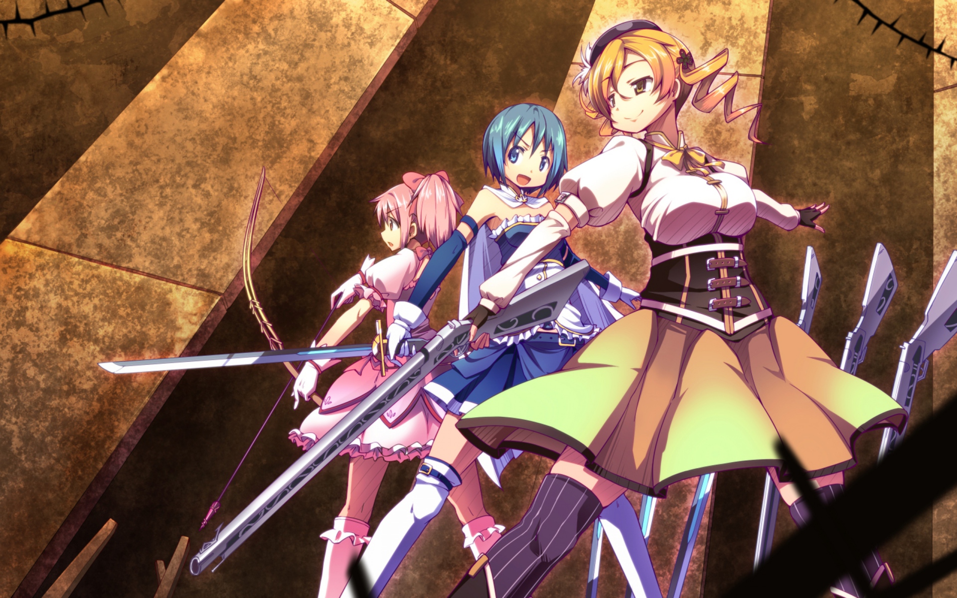 Картинки Mahou shoujo madoka magica, девушки, мечи, равновесие, страх фото и обои на рабочий стол