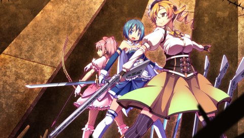 Mahou shoujo madoka magica, девушки, мечи, равновесие, страх