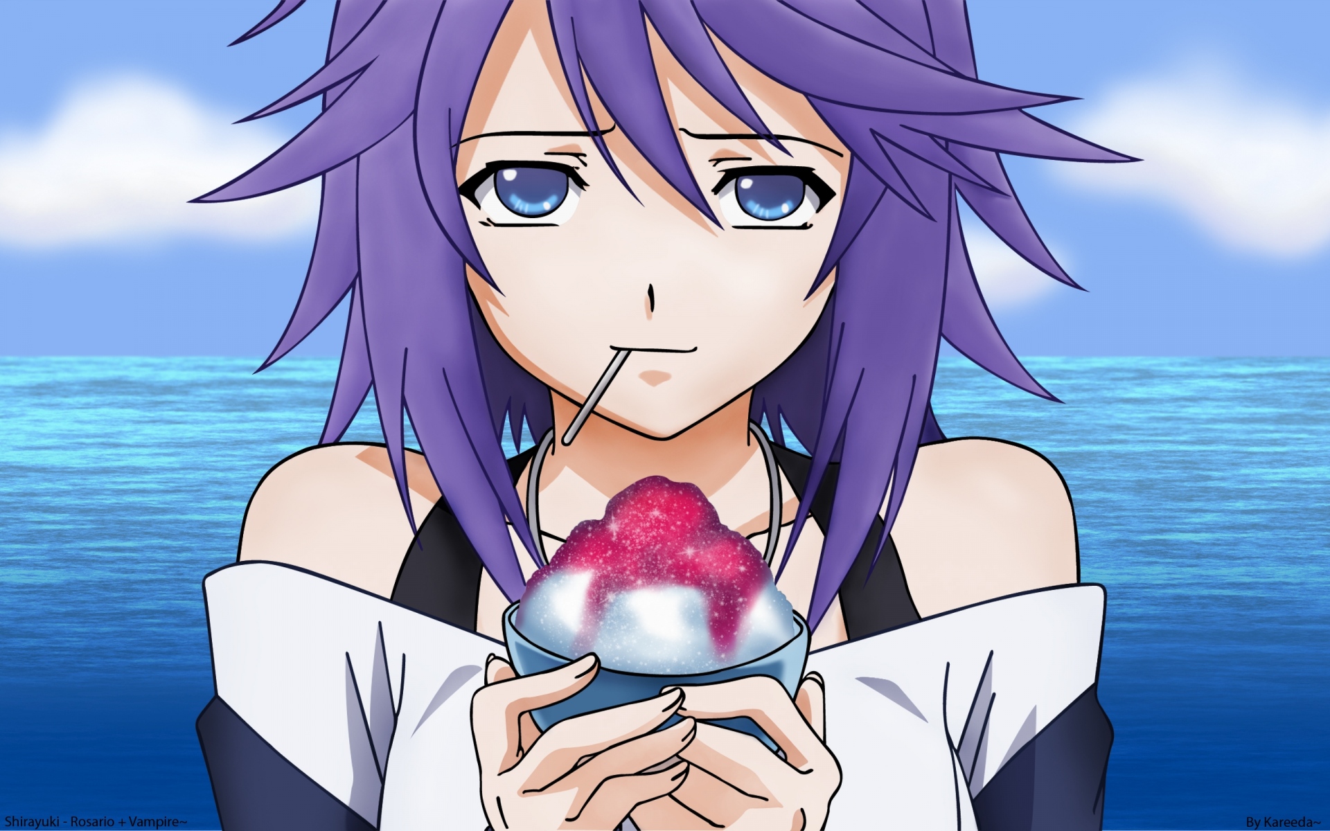 Картинки Mizore shirayuki, девушка, взгляд, десерт, вода фото и обои на рабочий стол