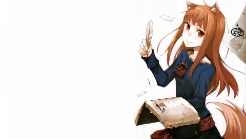 Spiceand волк, аниме, девушка, ручка, блокнот, улыбка