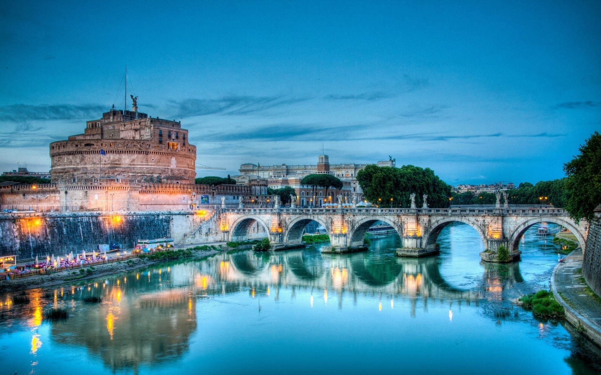 Картинки Рим, замок Сан-Анжело, мост, Италия, река, тибр, hdr фото и обои на рабочий стол