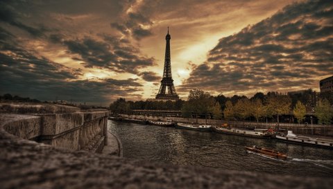 Париж, набережная, Эйфелева башня, hdr