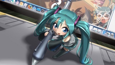 Hatsune miku, аниме, движение, улыбка, фон