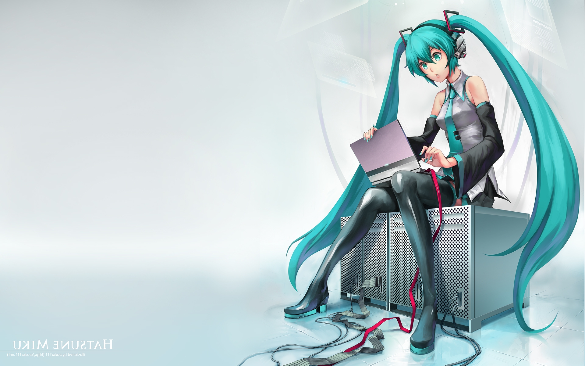 Hatsune miku, девушка, компьютер, стол, фон обои на рабочий стол скачать  бесплатно