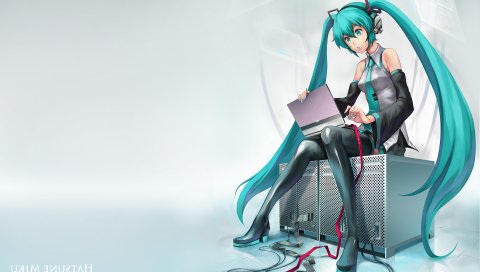 Hatsune miku, девушка, компьютер, стол, фон