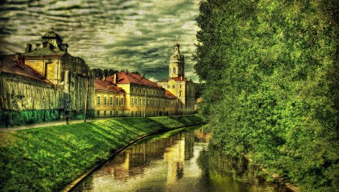 Санкт-Петербург, набережная, деревья, река, здания, hdr