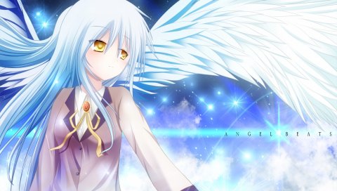 Kanade angel beats, девушка, блондинка, крылья, огни, дорогая