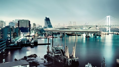 Радужный мост, Токио, город, река, небоскреб
