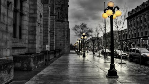 Улица, город, вечер, черный белый, огни, здания, hdr