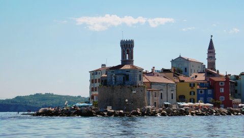Море, словенья, пиран, город, здания