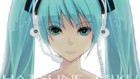 Hatsune miku, девушка, милый, наушники, улыбаясь