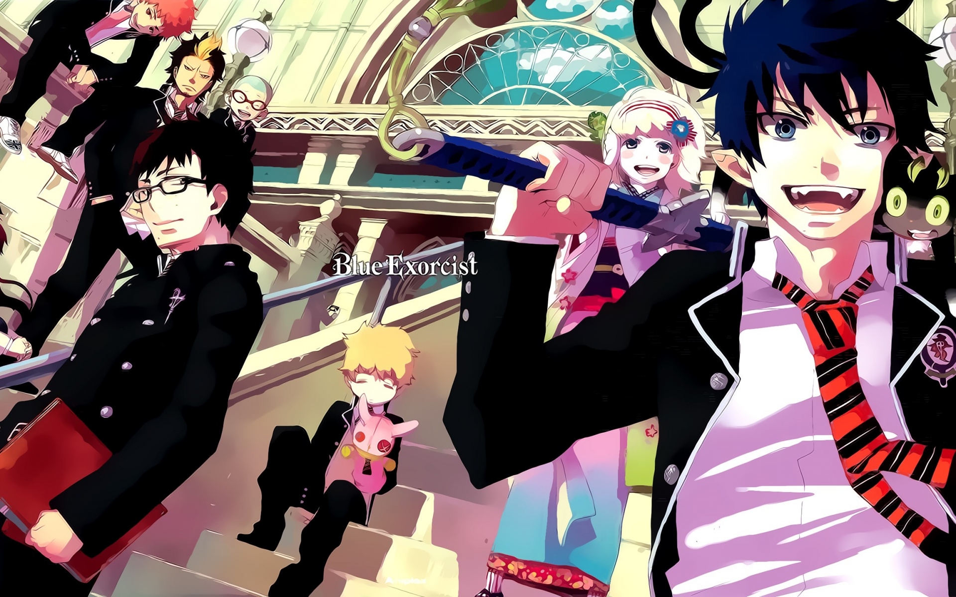 Картинки Ao no exorcist background, аниме, толпа, лестница, радость, улица фото и обои на рабочий стол