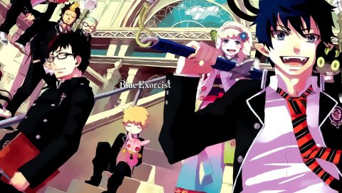 Ao no exorcist background, аниме, толпа, лестница, радость, улица