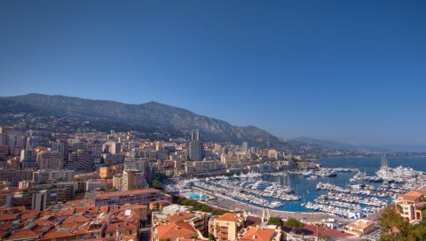 Монако, яхта, залив, здания, горы
