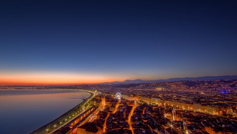 Город, вид сверху, набережная, вечер, здания