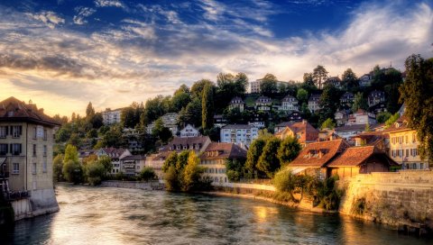 Берн, Швейцария, река, здание, высота, hdr