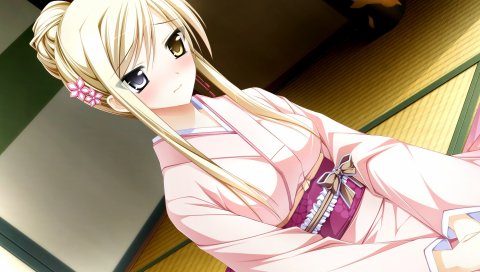 Otome ga tsumugu koi нет холст, девушка, блондинка, кимоно, поза