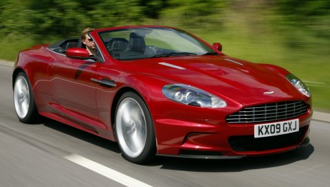 Aston martin, dbs, 2009, красный, вид сбоку, скорость, деревья, автомобили