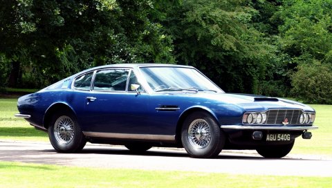 Aston martin, dbs, 1967, синий, вид сбоку, марочные, автомобили, деревья
