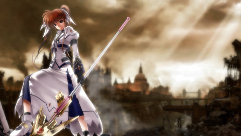 Волшебная девушка лирическая nanoha, девушка, оружие, пейзаж, воин