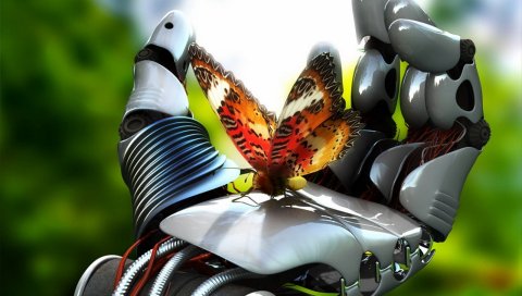 Робот, рука, бабочка, технология, зеленый, сталь, основные моменты