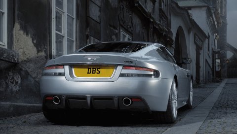 Aston martin, dbs, 2008, серый металлик, вид сзади, стиль, автомобили, улица, здание