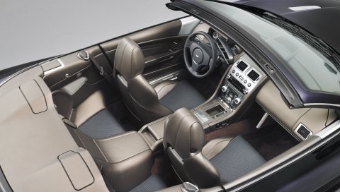 Aston martin, dbs, 2010, серый, салон, интерьер, вид сверху, руль, спидометр