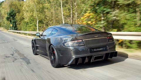 Mansory cyrus, 2009, черный, вид сзади, спорт, aston martin, деревья, скорость