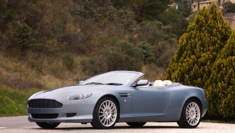 Aston martin, db92004, синий, вид сбоку, спорт, деревья, кустарники