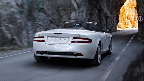 Aston martin, db9, 2008, белый, вид сзади, стиль, спорт, автомобили, скалы, скорость, асфальт