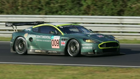 Aston martin, dbr9, 2005, зеленый, вид сбоку, стиль, спорт, автомобиль, гоночный автомобиль, скорость, деревья, трава