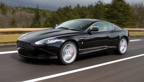 Aston martin, db9, 2006, черный, вид сбоку, стиль, спорт, автомобили, скорость, деревья, асфальт