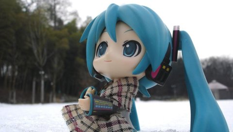 Кукла, hatsune miku, снег, улица, жест
