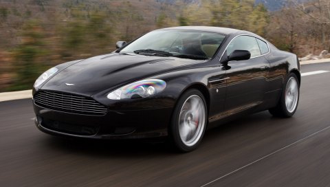 Aston martin, db9, 2006, черный, вид сбоку, стиль, спорт, автомобили, скорость, горы, деревья, природа, асфальт