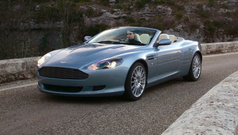 Aston martin, db9, 2004, синий, вид сбоку, стиль, автомобили, природа, трава, асфальт