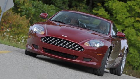 Aston martin db9, 2008, красный, вид спереди, стиль, автомобили, природа, деревья, трава, марка