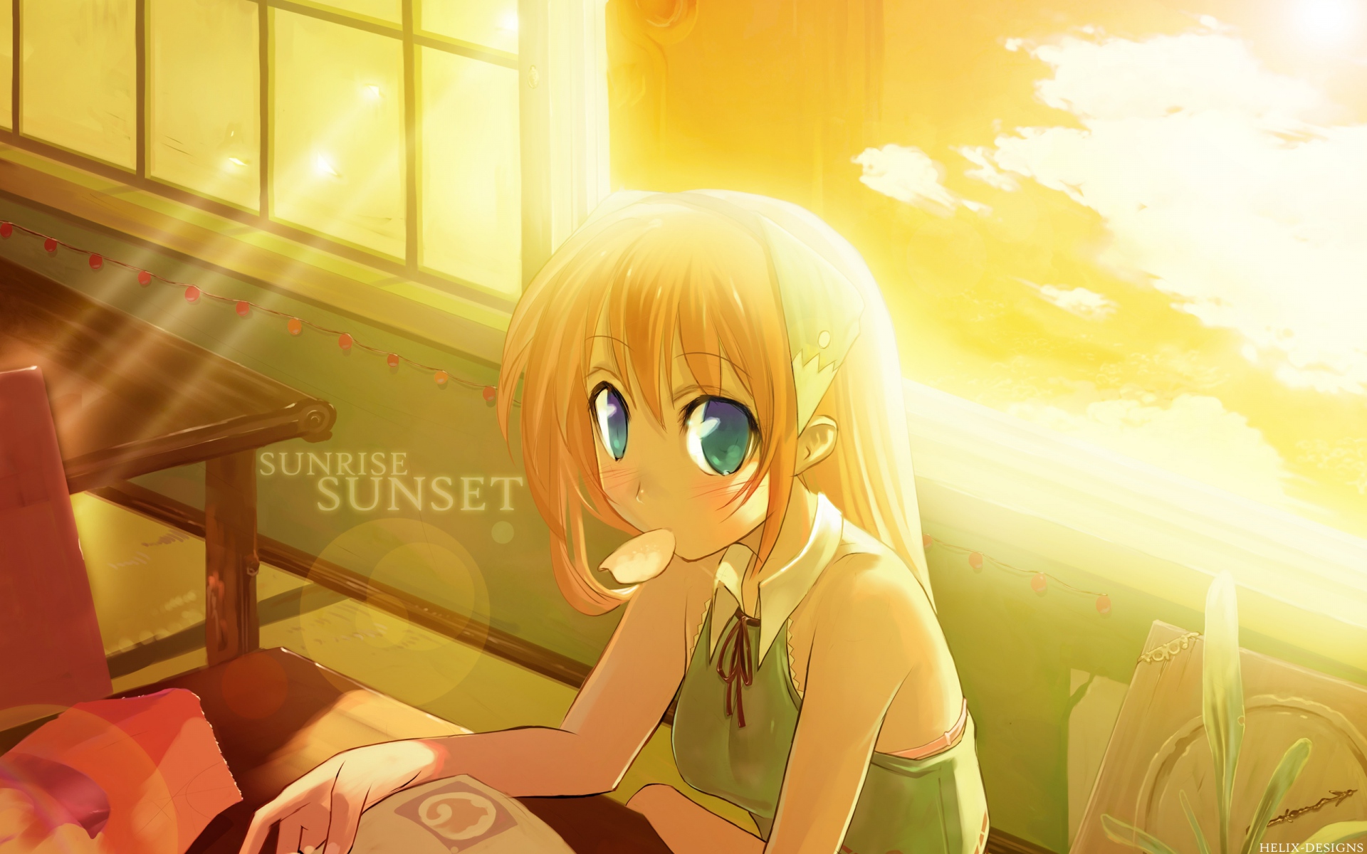 Картинки Девушка, блондинка, закат, солнце, еда фото и обои на рабочий стол