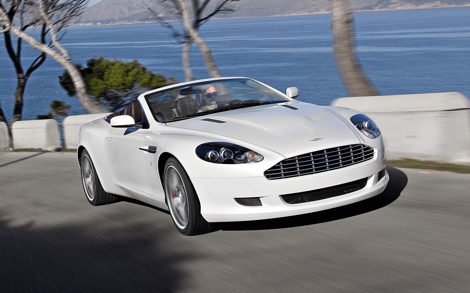 Картинки Aston martin, db9, 2008, белый, вид спереди, стиль, спорт, автомобили, скорость, море, горы, деревья, асфальт фото и обои на рабочий стол