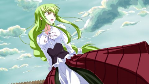 Девушка, код geass, волосы, зеленый, платье, ветер