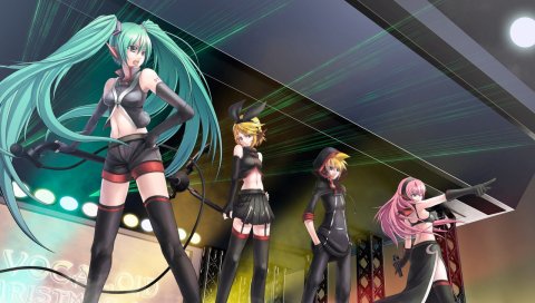 Аниме, вокалоид miku, девушка, певец, сцена